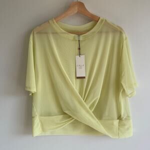 Calia Womens Boxy Crop Tee Sheer Mesh Activewear Top Size L Yellow Twist Nwt‎